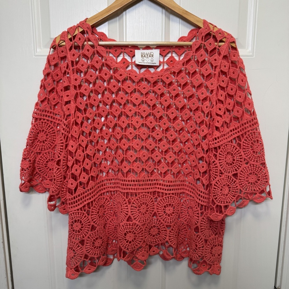 Brand Bazar Womens Open Knit Coral Pink Crochet Bell Sleeve Boho Festival Layers